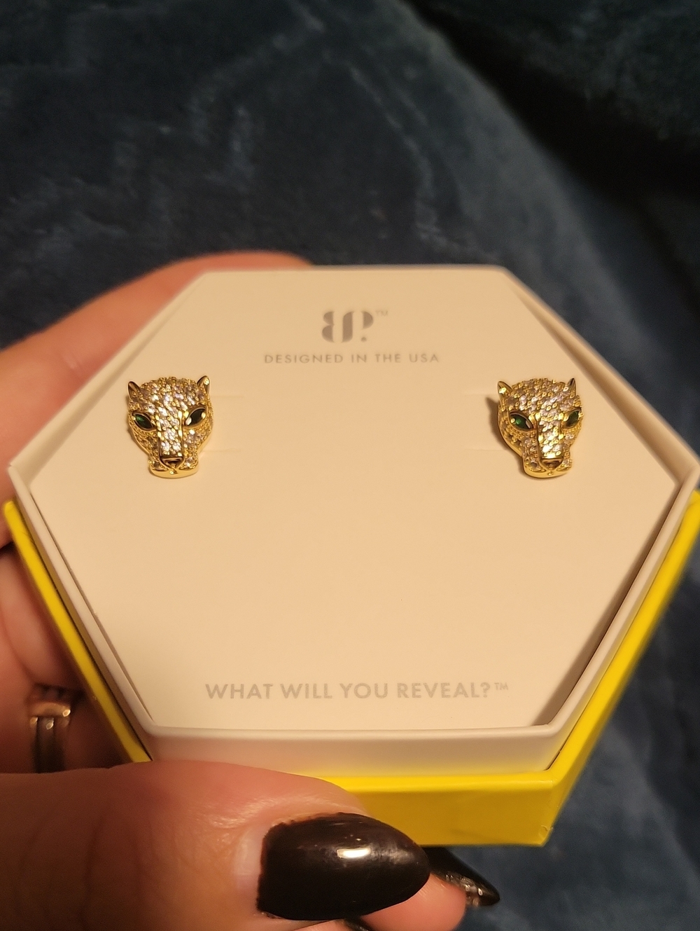 Gold Jaguar Head Stud Earrings with Green Eyes